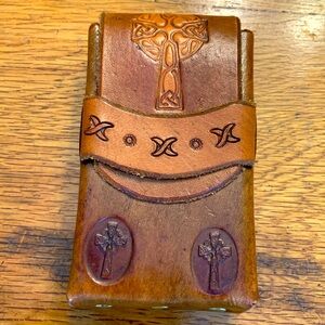 Vintage Hand Tooled Embossed Leather Biker Cigarette Pouch with Metal Belt Hook
